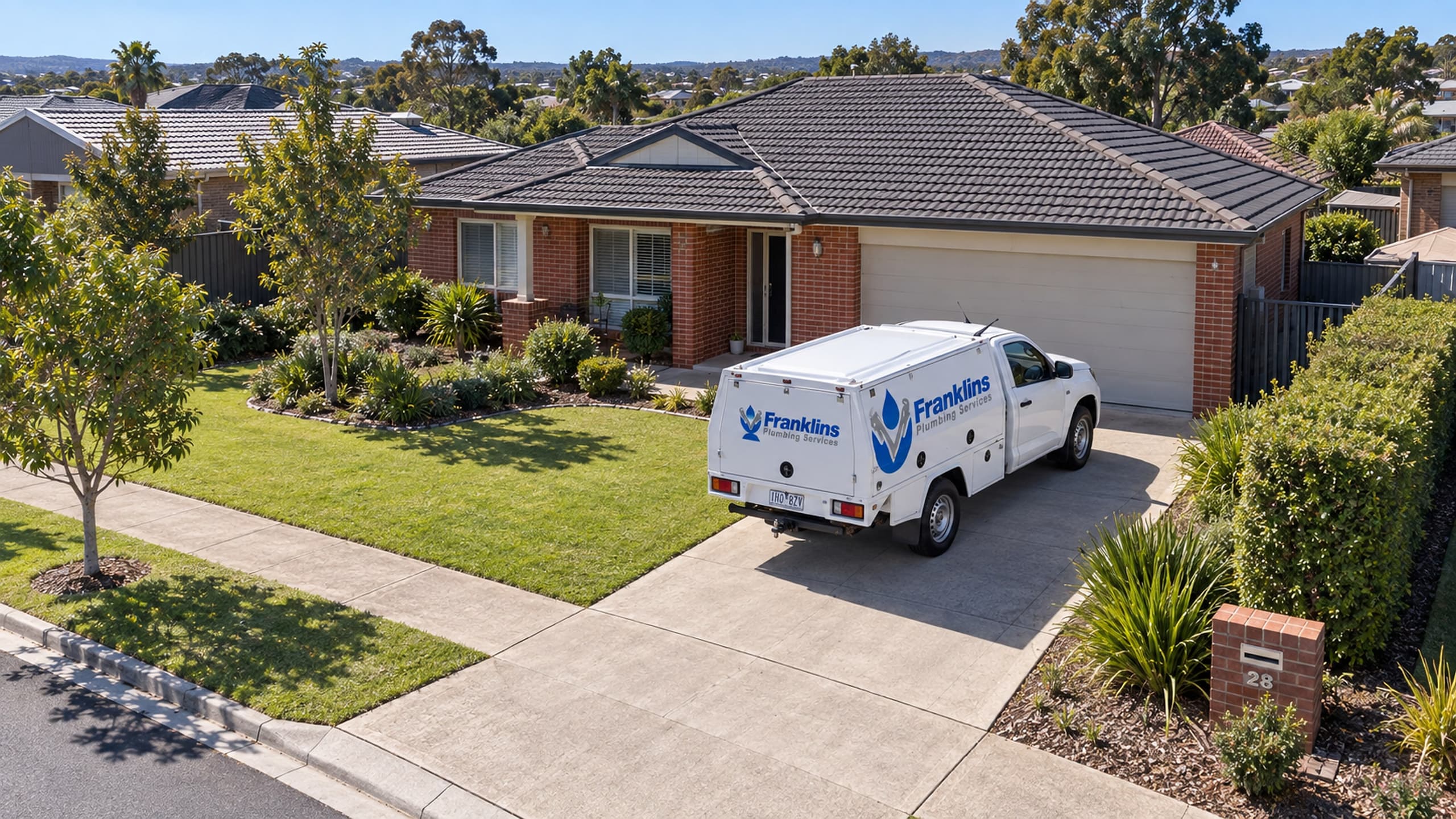 Franklins Plumbing Services ute in the driveway of a suburban home