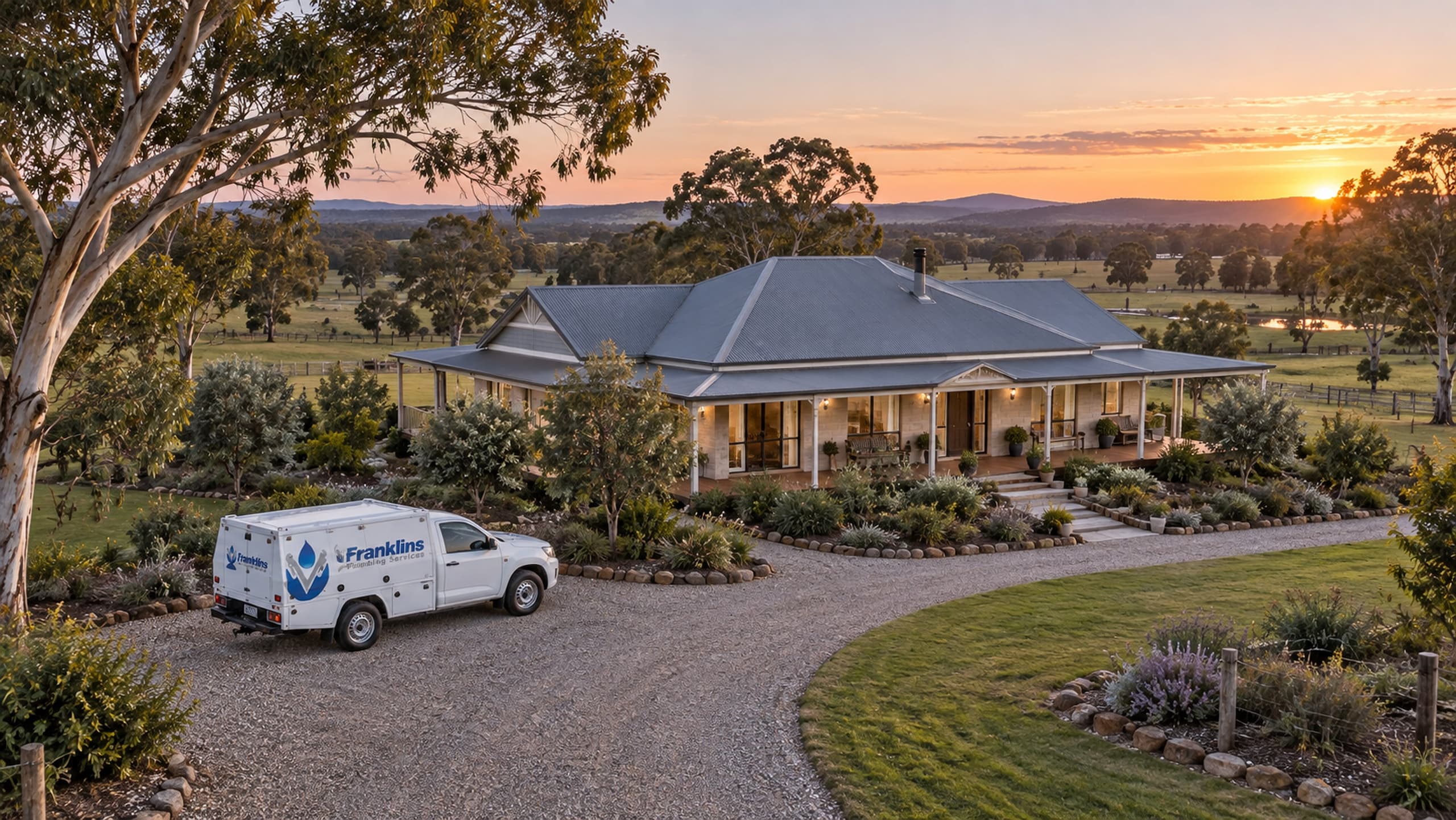 Franklins Plumbing Services ute outside a country homestead at sunset
